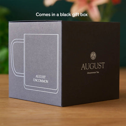 August glass mug gift box, front view