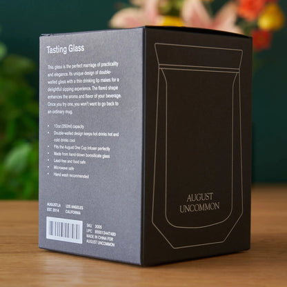 Back of August Tasting Glass retail package