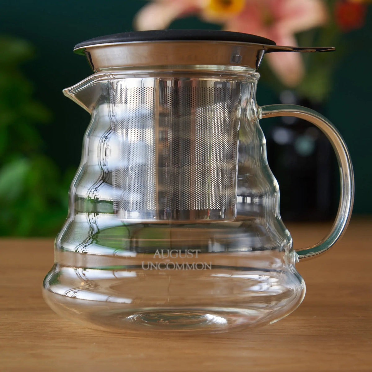 August glass teapot shown with a separate infuser; infuser not included