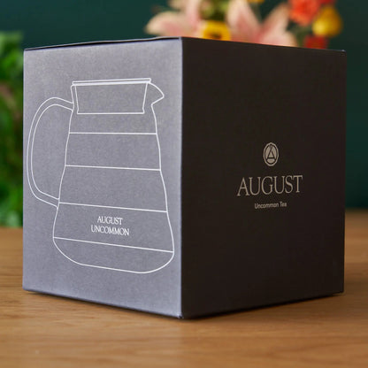 August Two Cup Glass Teapot packaging, front and side