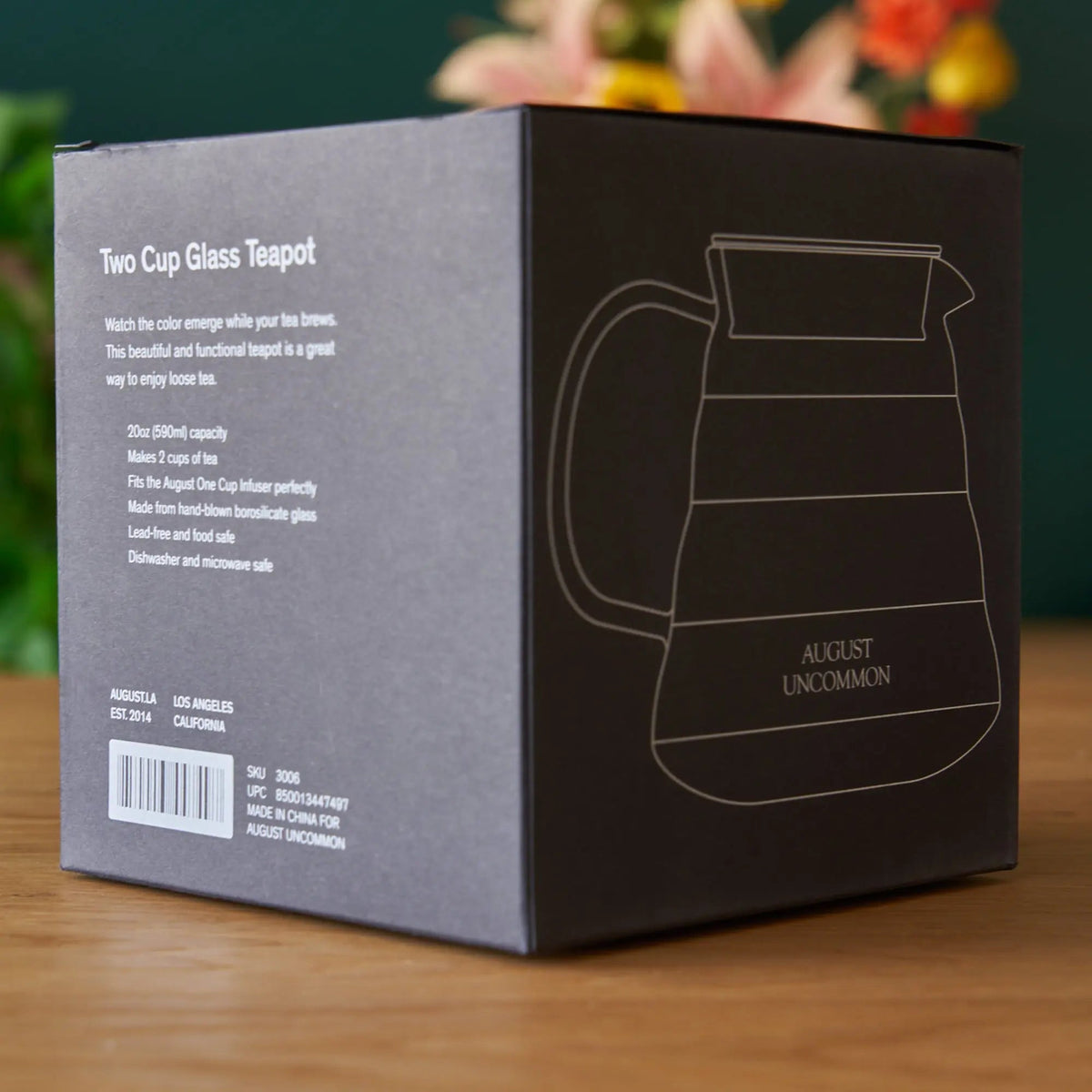 August Two Cup Glass Teapot packaging with product information