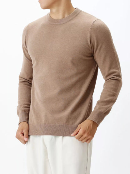 Men's long-sleeve crew-neck sweater in Brown, front view.