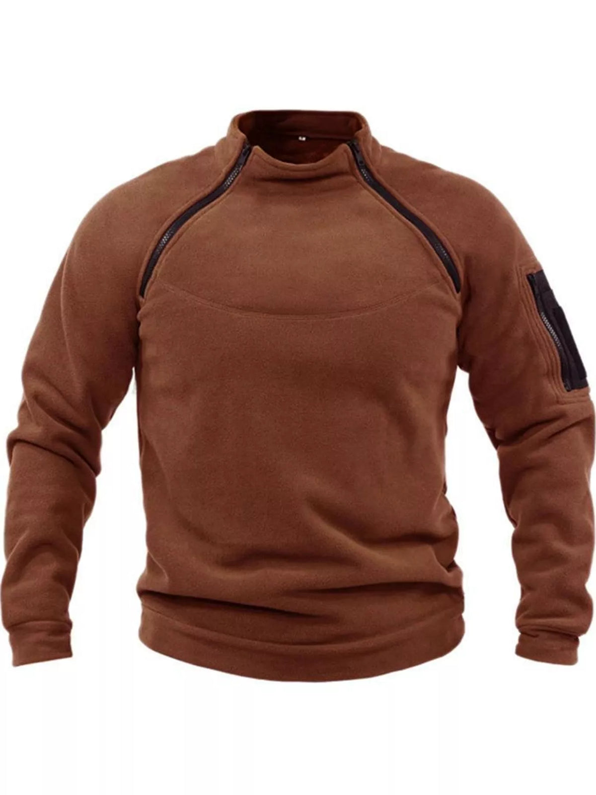 Terracotta men's fleece sweatshirt with stand collar, two angled neckline zips and a zippered sleeve pocket, front product view. One sweatshirt only.