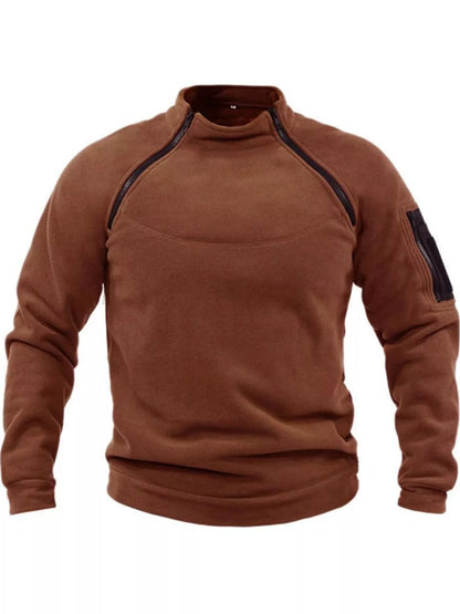 Terracotta men's fleece sweatshirt with stand collar, two angled neckline zips and a zippered sleeve pocket, front product view. One sweatshirt only.