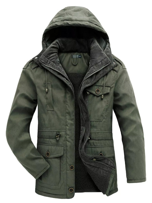 Army green hooded jacket, front opened to show the lining