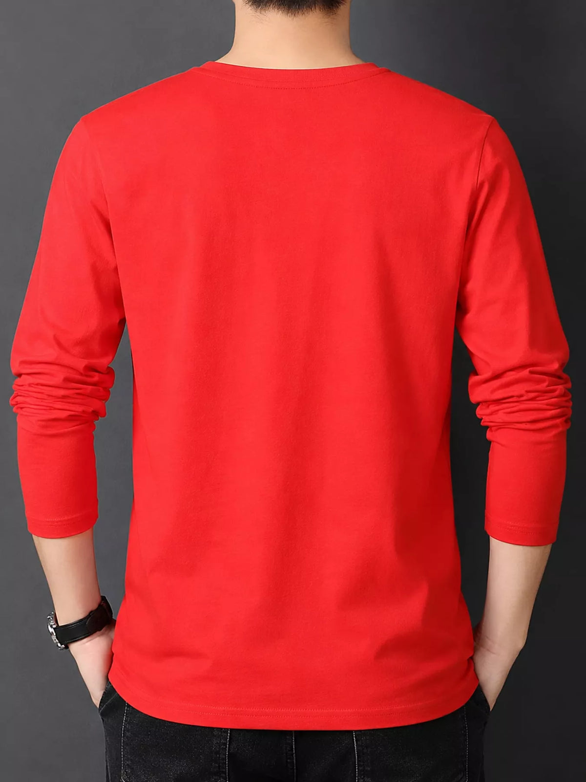 Red men's cotton long-sleeve crewneck tee, back view.