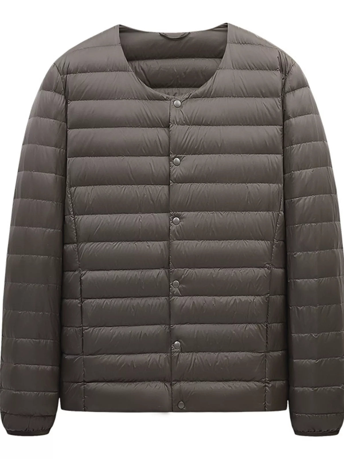 Taupe-brown snap-front quilted jacket, garment-only front view