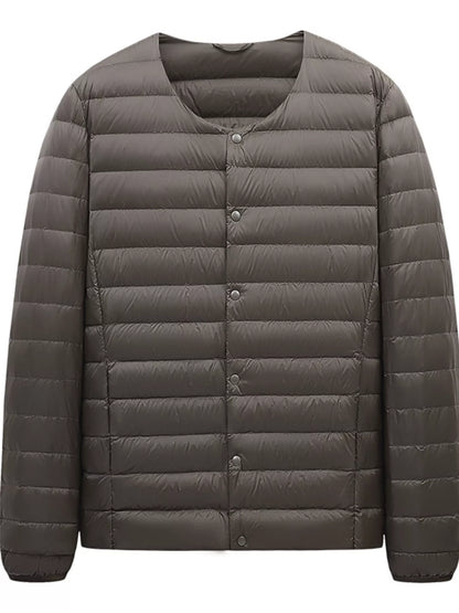 Taupe-brown snap-front quilted jacket, garment-only front view