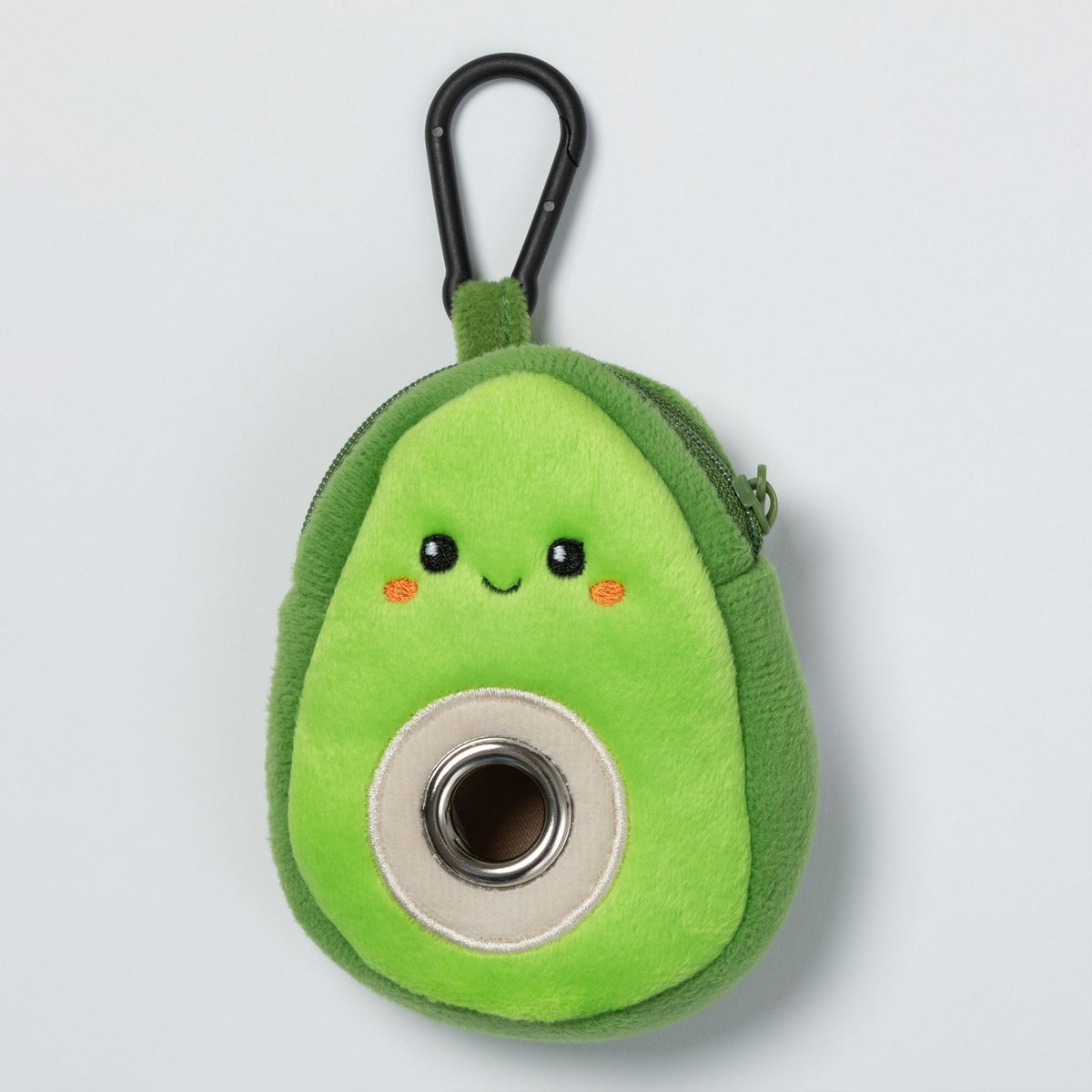 Avocado-design plush pet waste bag dispenser with front dispensing opening and attached black clip.