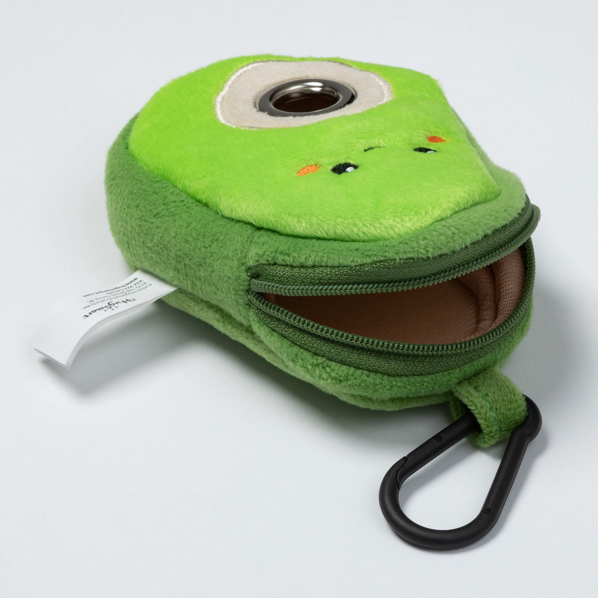 Avocado waste bag dispenser with side zipper opened to show the empty interior.