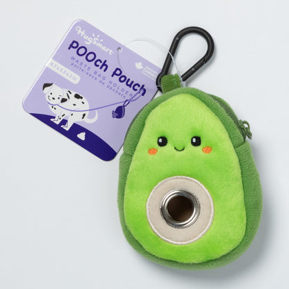 Front of the avocado waste bag dispenser with its POOch Pouch packaging tag.