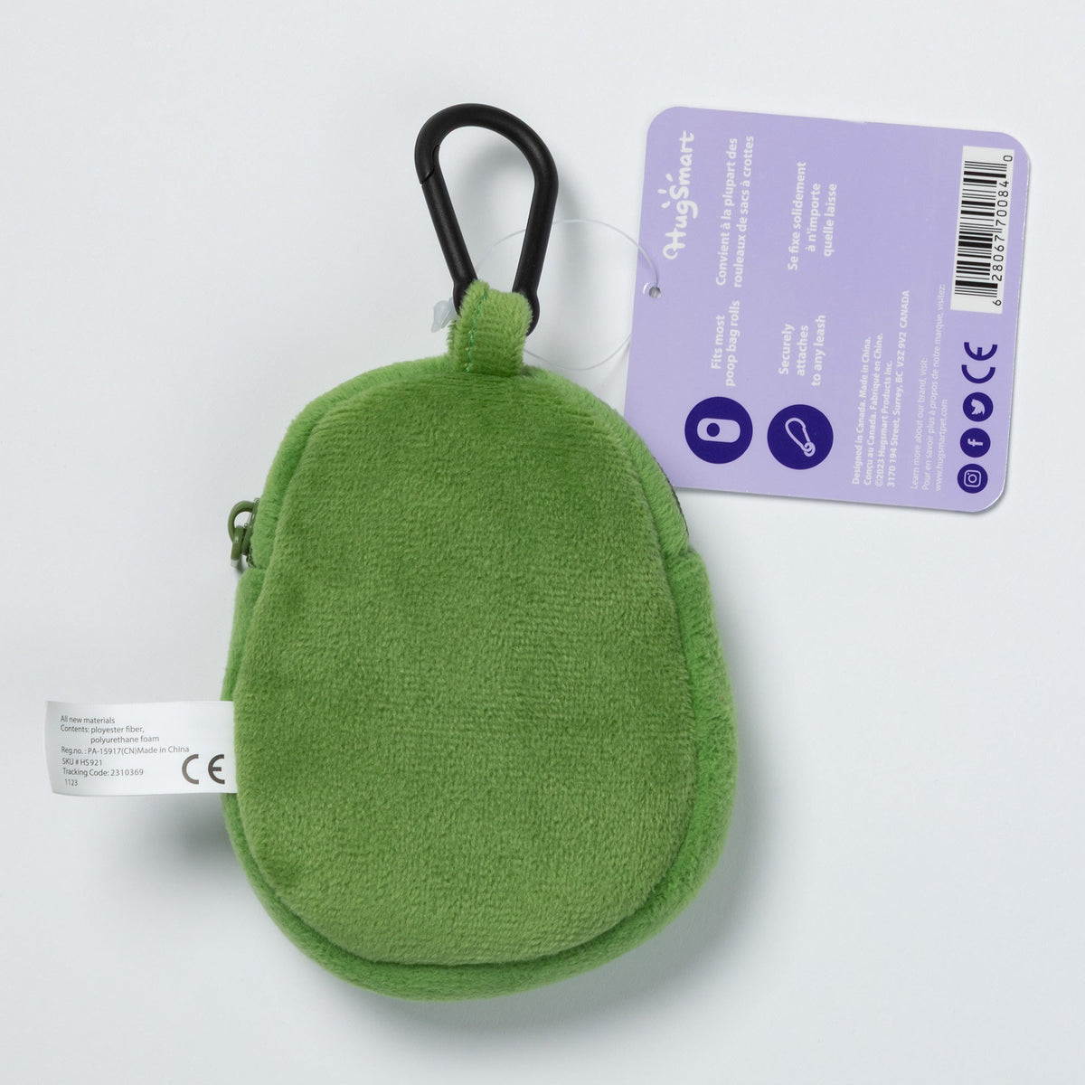 Back of the avocado waste bag dispenser with its packaging tag.