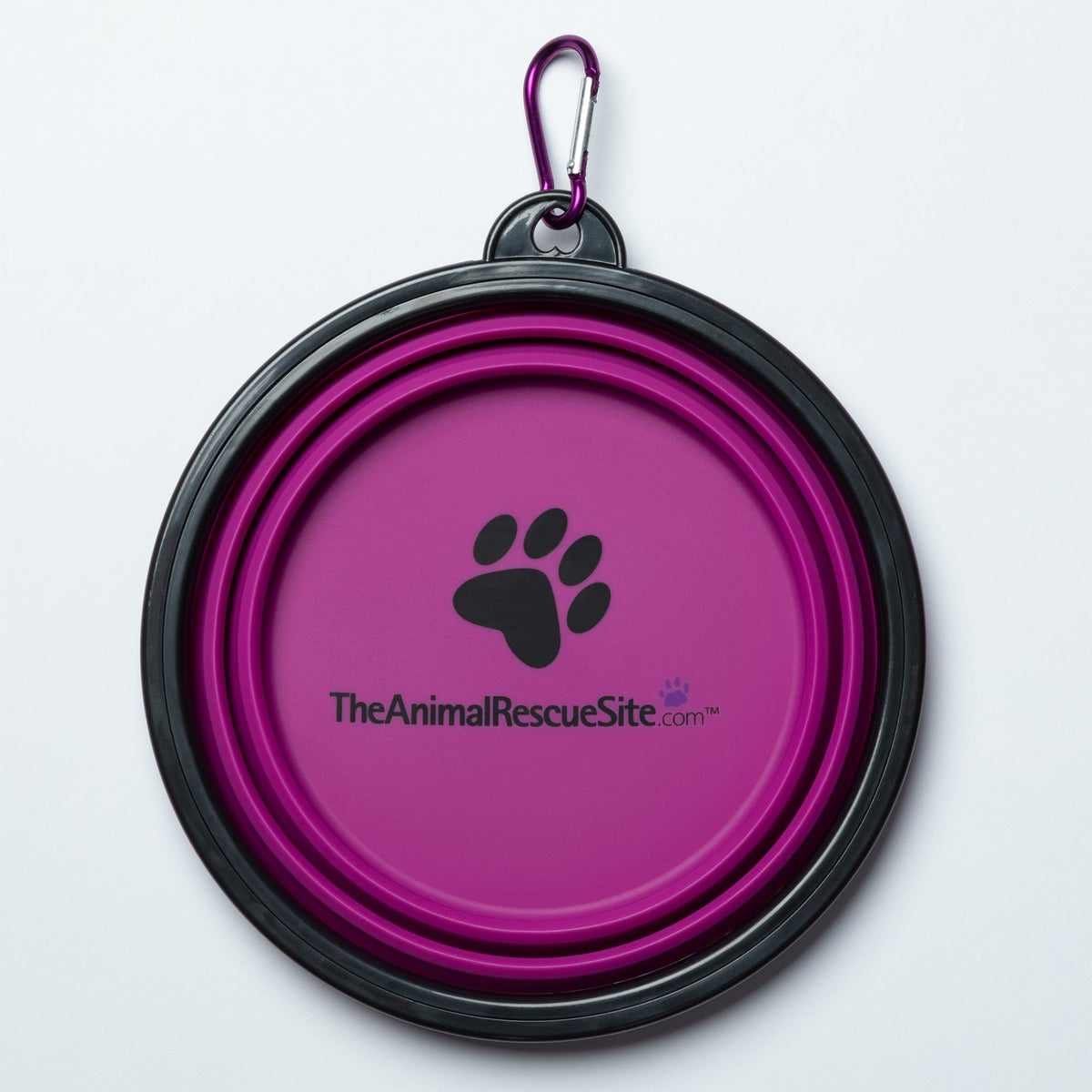 Collapsed pink pet bowl with black rim, carabiner, paw design and TheAnimalRescueSite.com print.