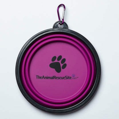 Collapsed pink pet bowl with black rim, carabiner, paw design and TheAnimalRescueSite.com print.