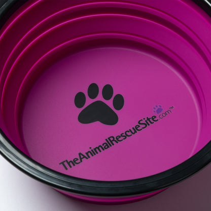 Close view of the paw design and TheAnimalRescueSite.com print inside the pink pet bowl.