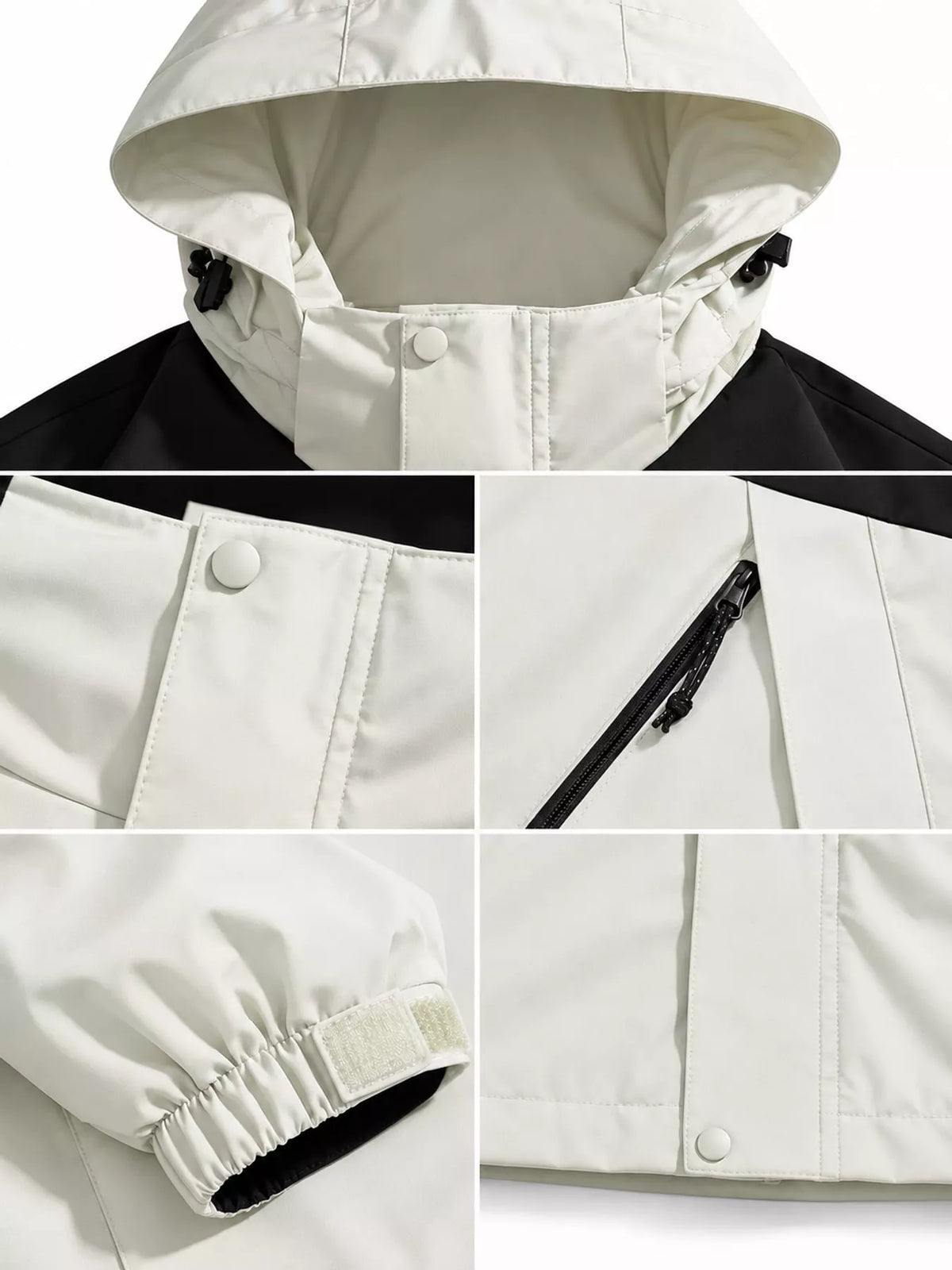 Ivory windbreaker hood, front cover, zipped pocket and cuff details.