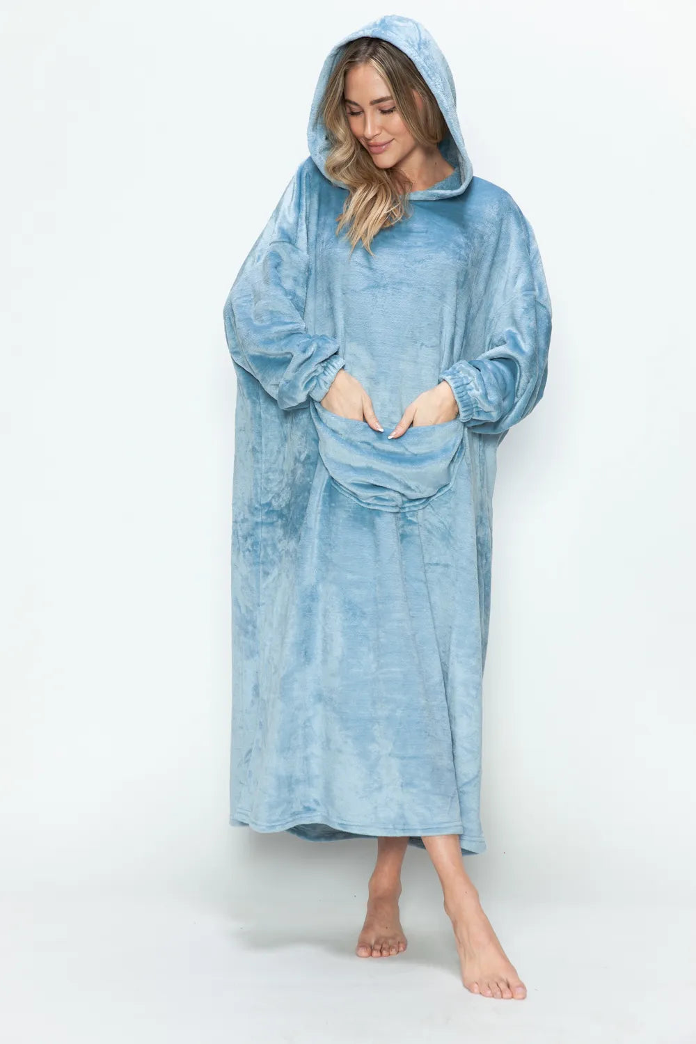 Pastel Blue hooded midi lounge dress with long sleeves and front kangaroo pocket, front or angled view. One dress; styling accessories not included.