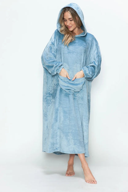 Pastel Blue hooded midi lounge dress with long sleeves and front kangaroo pocket, front or angled view. One dress; styling accessories not included.