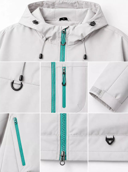 Light Green men's hooded multi-pocket zip jacket — zipper, hood and cuff details