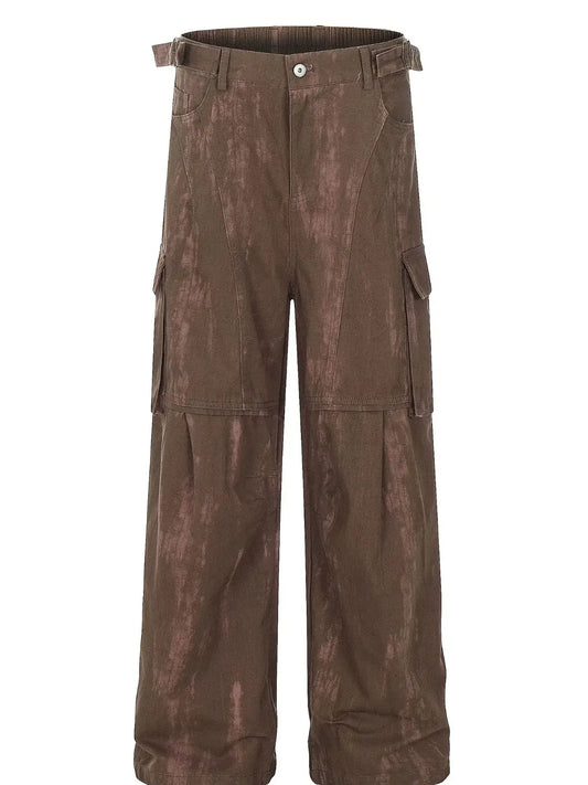 Pink Brown washed wide-leg cargo trousers with side pockets, front view