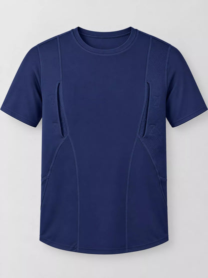 Navy blue short-sleeve active T-shirt with curved seams, shown alone.