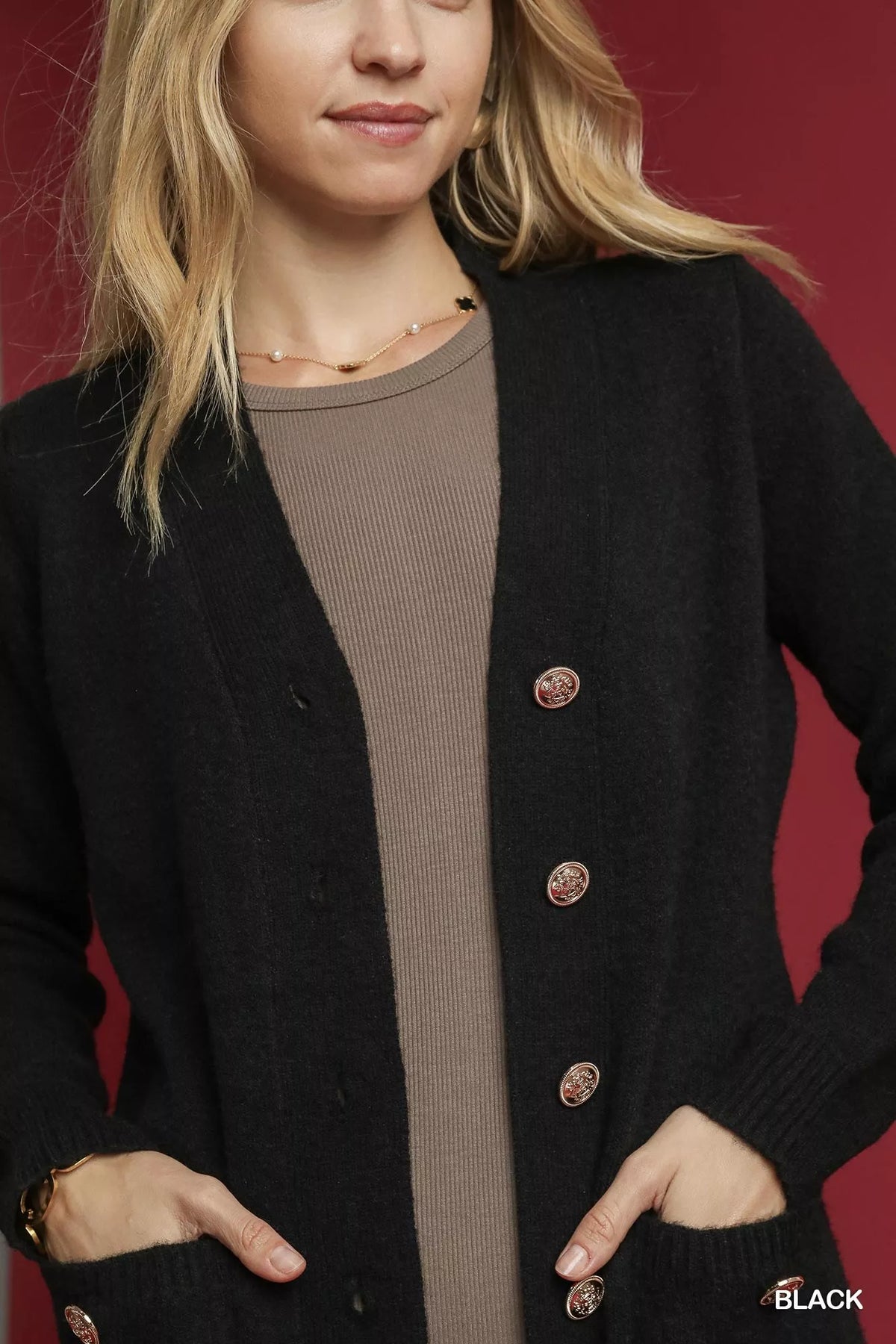 Close-up of black Umgee cardigan neckline, buttons and pocket; dress and jewelry not included.