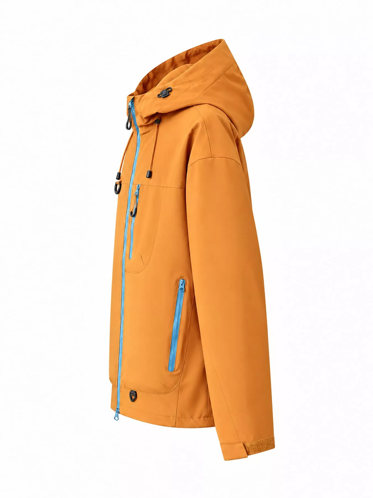 Orange men's hooded multi-pocket zip jacket — side view