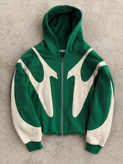 Green and cream oversized full-zip hoodie, front flat lay