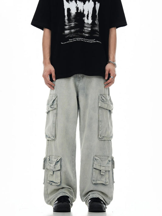 Wash-effect cargo trousers in the supplier's Blue colour, front view