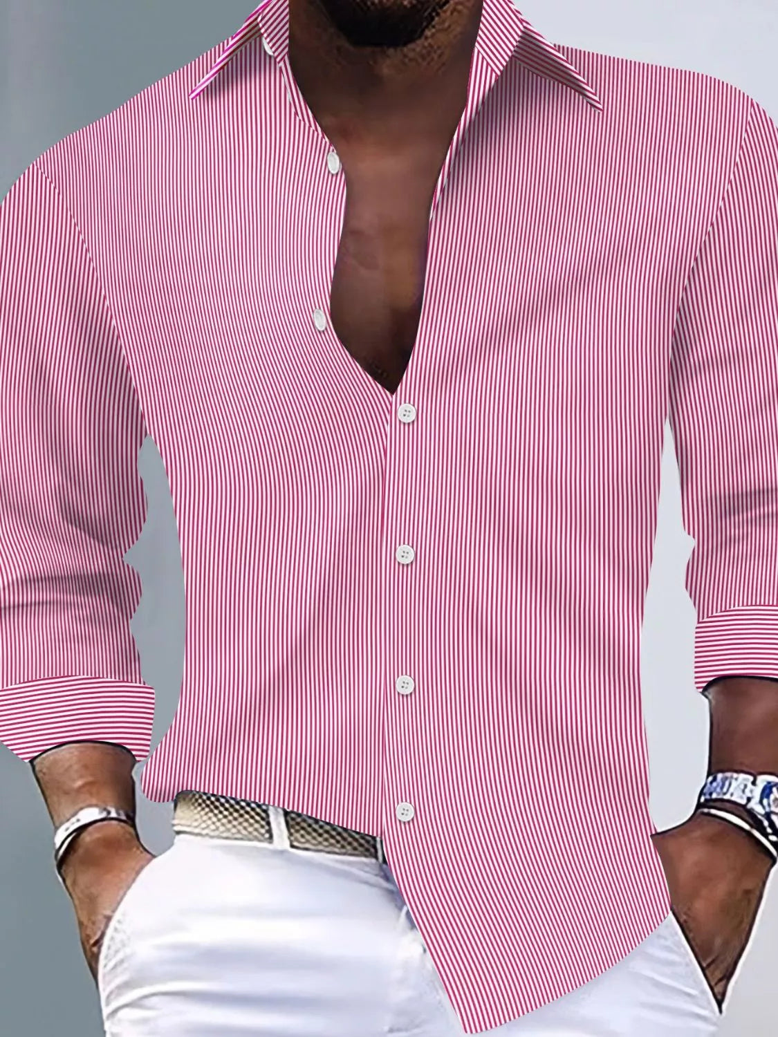 Deep red men's striped button-up long-sleeve shirt shown on a model. Shirt only; trousers, belt, watch and jewelry are not included.