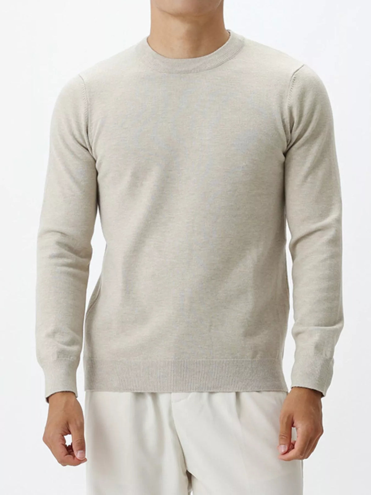 Men's long-sleeve crew-neck sweater in Apricot, front view.