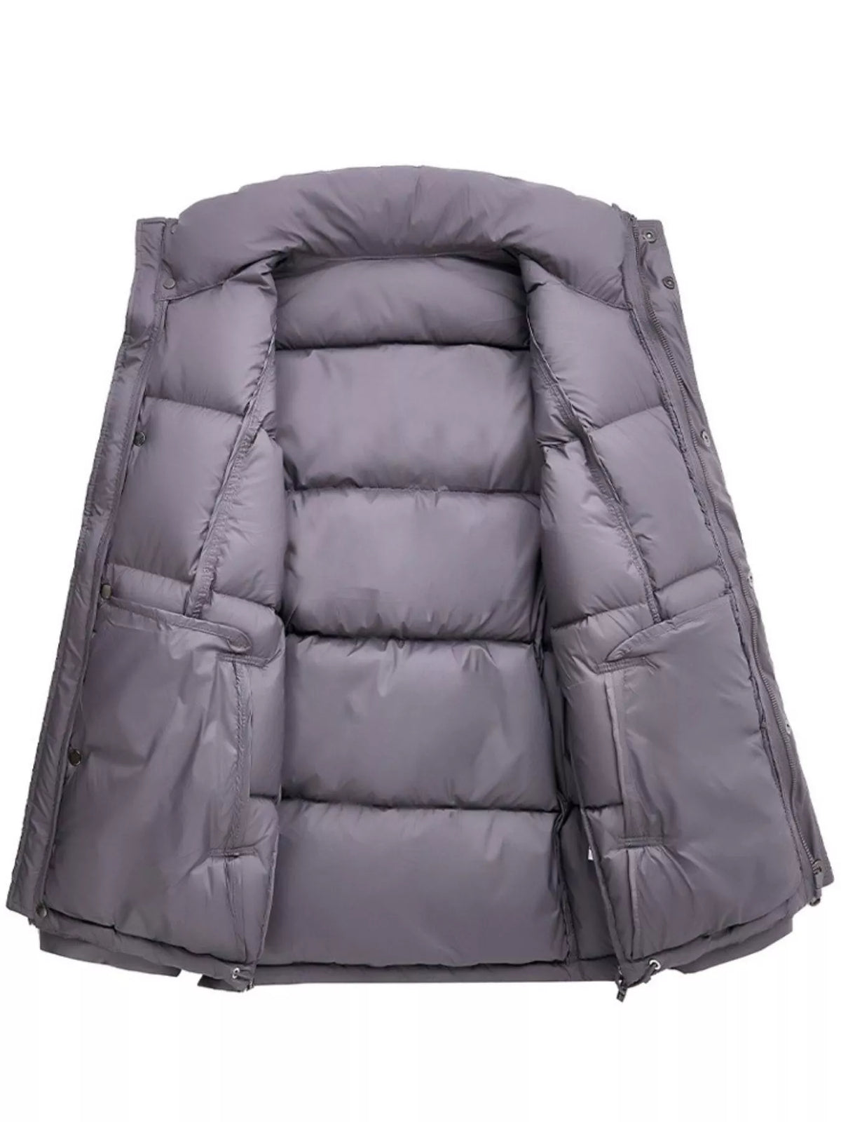 Gray padded jacket shown fully open, front interior view