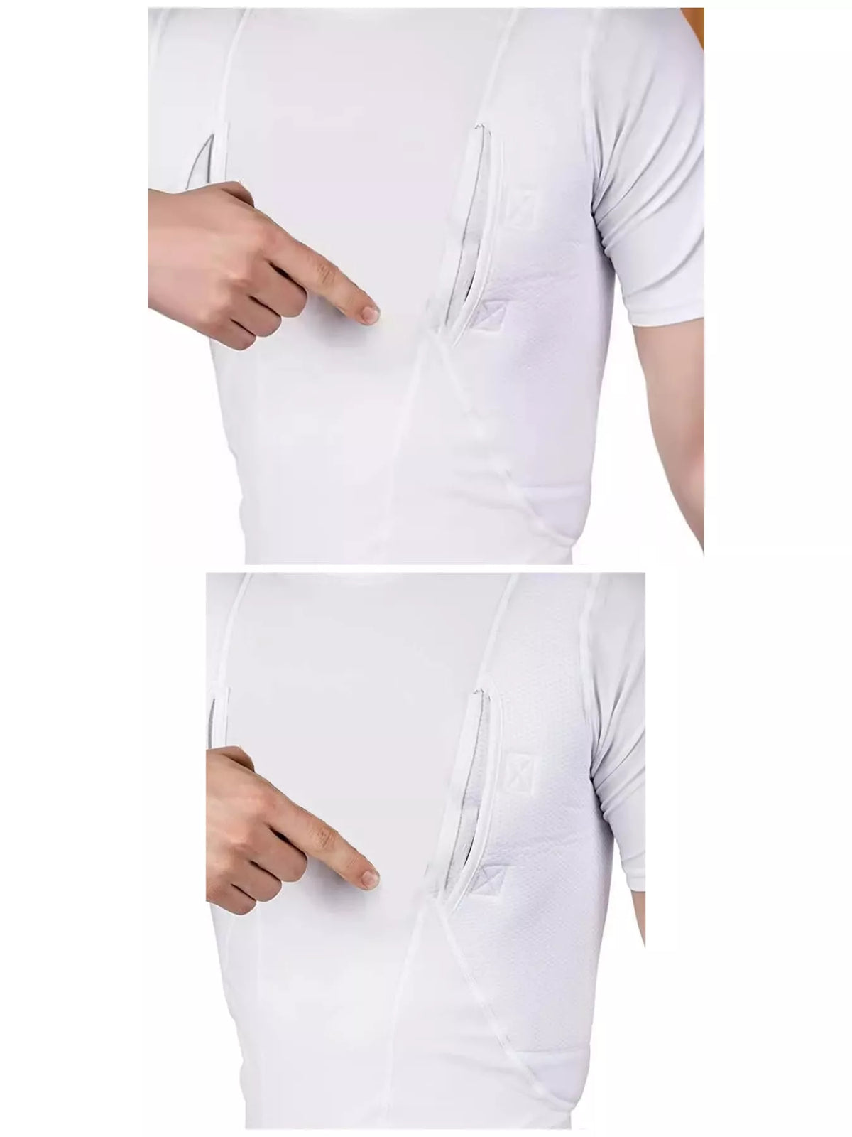 Two close-up views of the white shirt side pocket and seam detail.