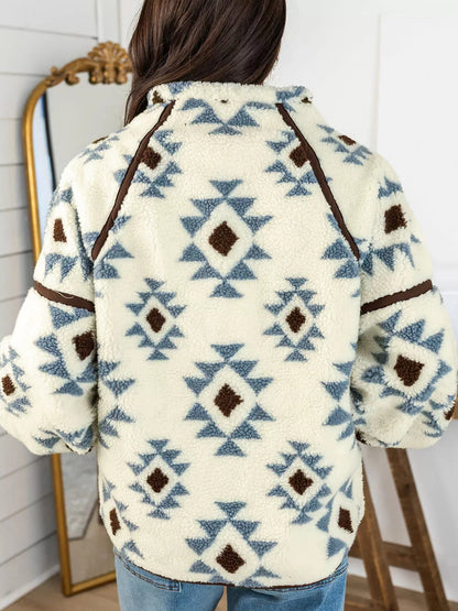 Back view of the beige geometric sherpa sweatshirt with brown seam trim.