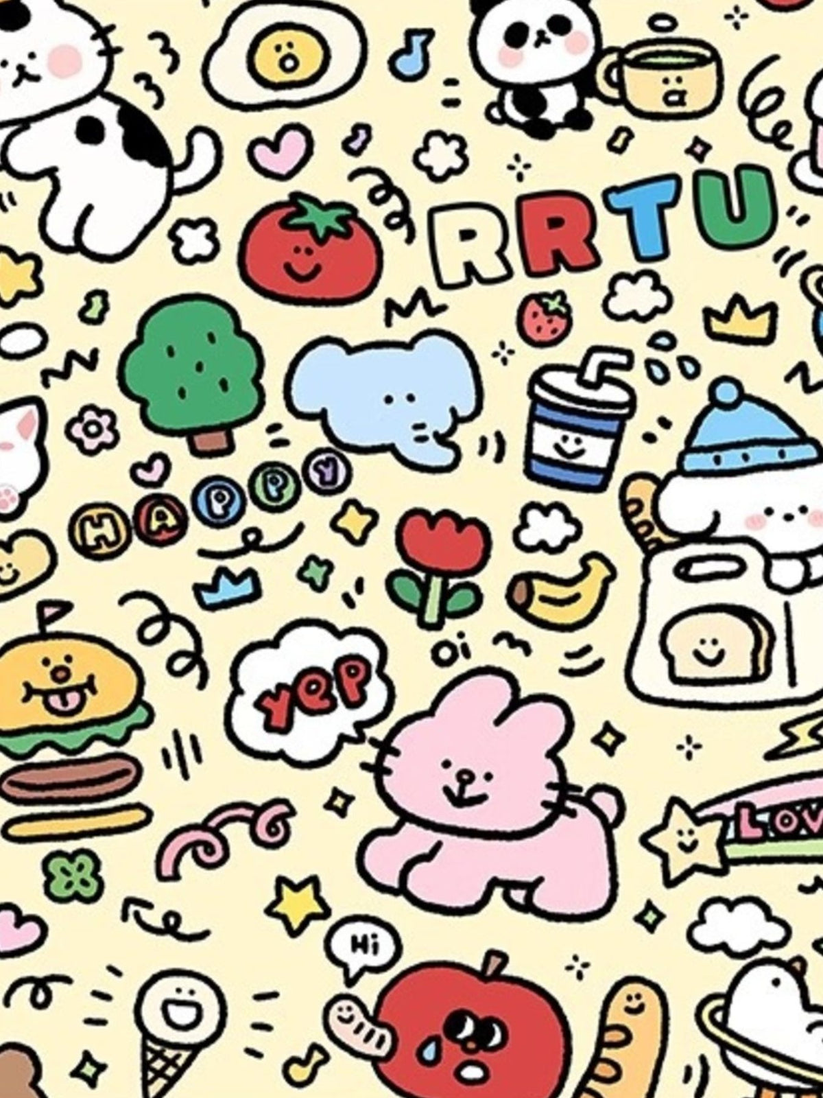 Close-up of the Graffiti Style pet towel print with food, clouds, animals and lettering.