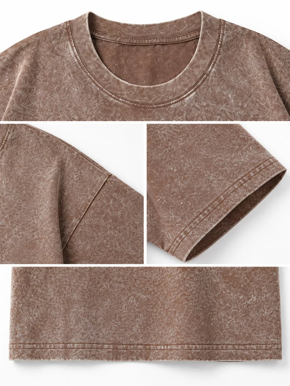 Coffee-Washed acid-wash oversized crewneck T-shirt, detail collage of neckline, sleeves, hem and fabric. One shirt only.
