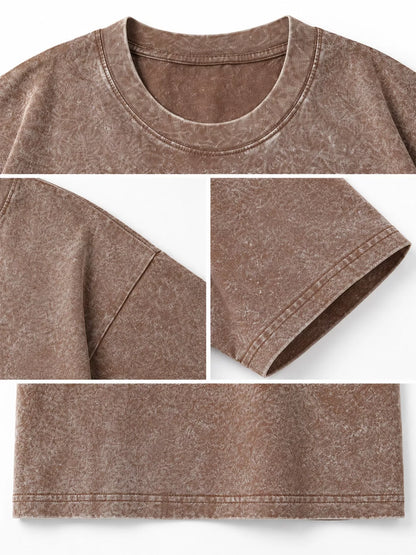Coffee-Washed acid-wash oversized crewneck T-shirt, detail collage of neckline, sleeves, hem and fabric. One shirt only.