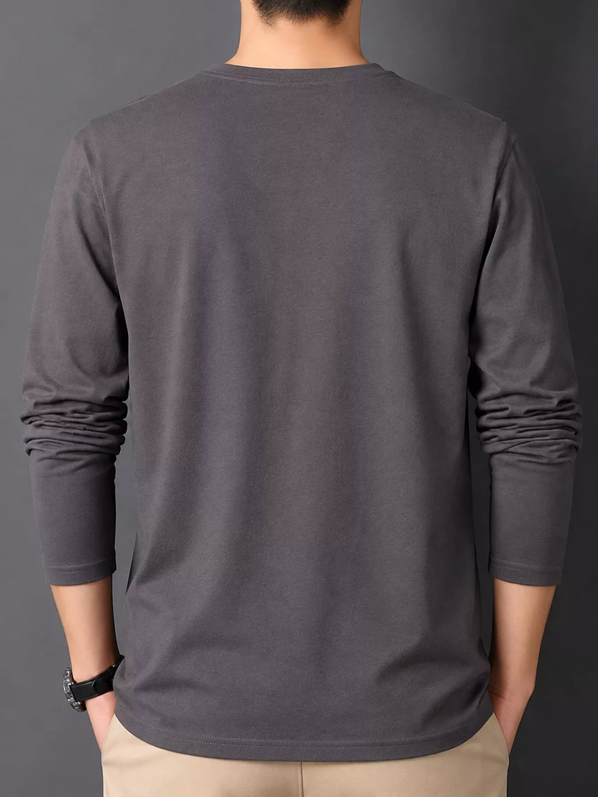 Dark Gray men's cotton long-sleeve crewneck tee, back view.
