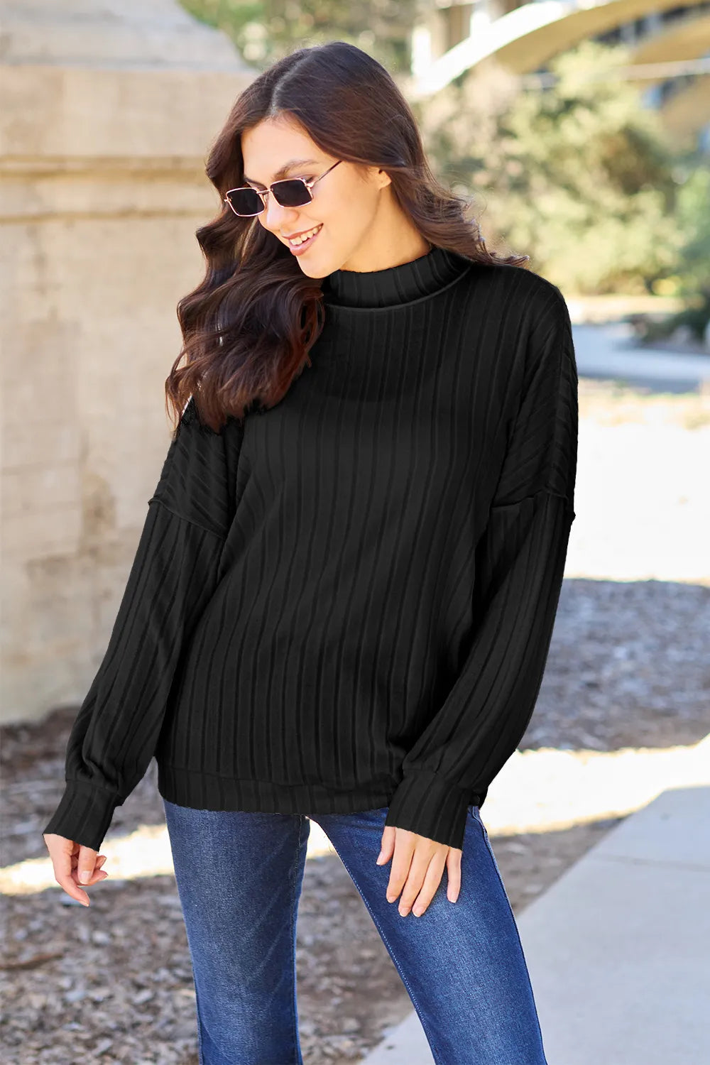 Basic Bae ribbed mock-neck long-sleeve knit top in Black, front view; top only.