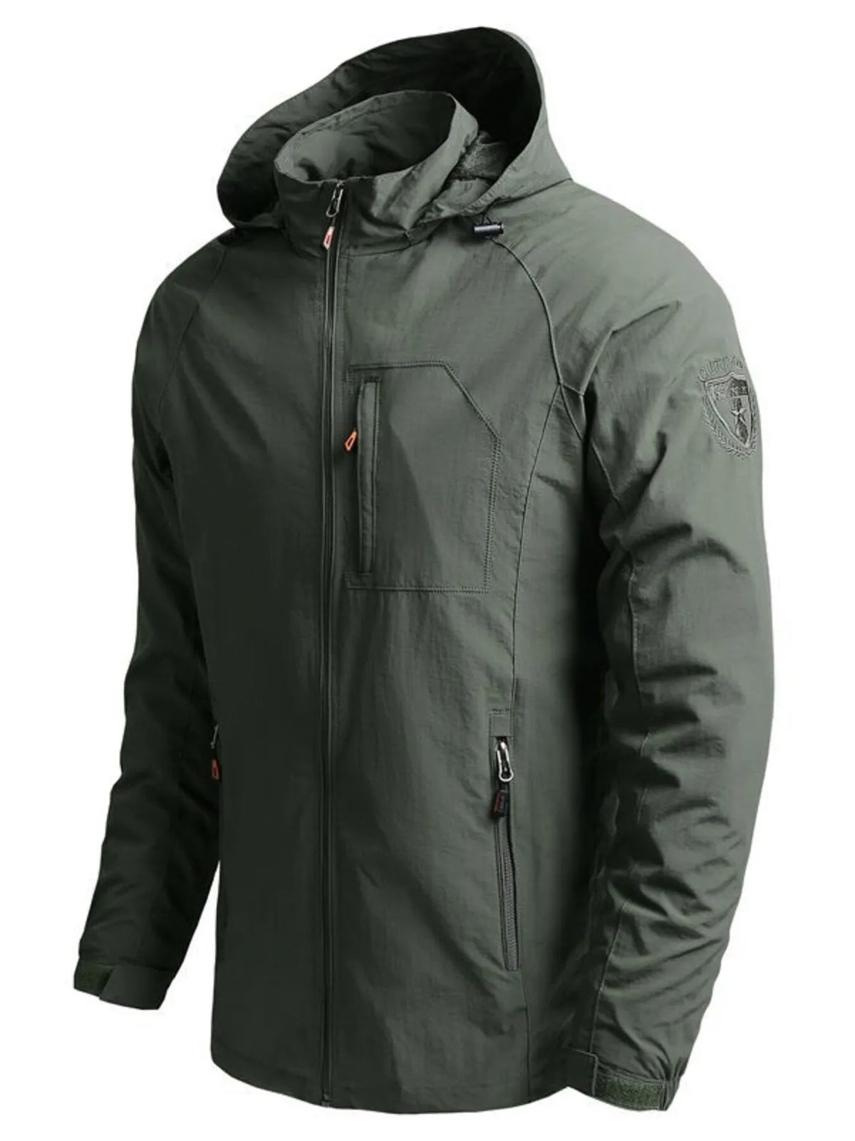 Army green hooded jacket, angled front view