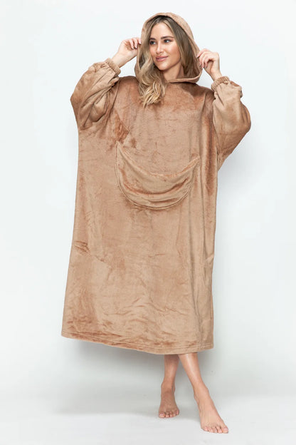 Mocha hooded midi lounge dress with long sleeves and front kangaroo pocket, front or angled view. One dress; styling accessories not included.