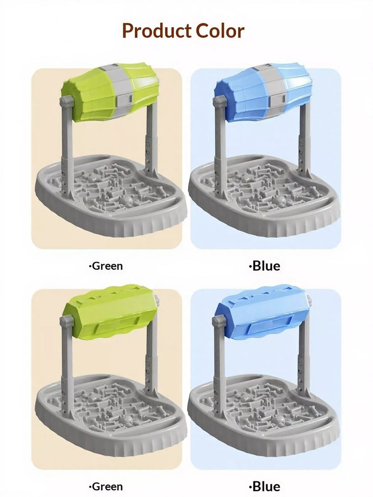 Comparison of Green 1, Blue 1, Green 2 and Blue 2 pet treat dispensers; Blue 1 is the upper-right two-tone drum. Price includes one selected dispenser.
