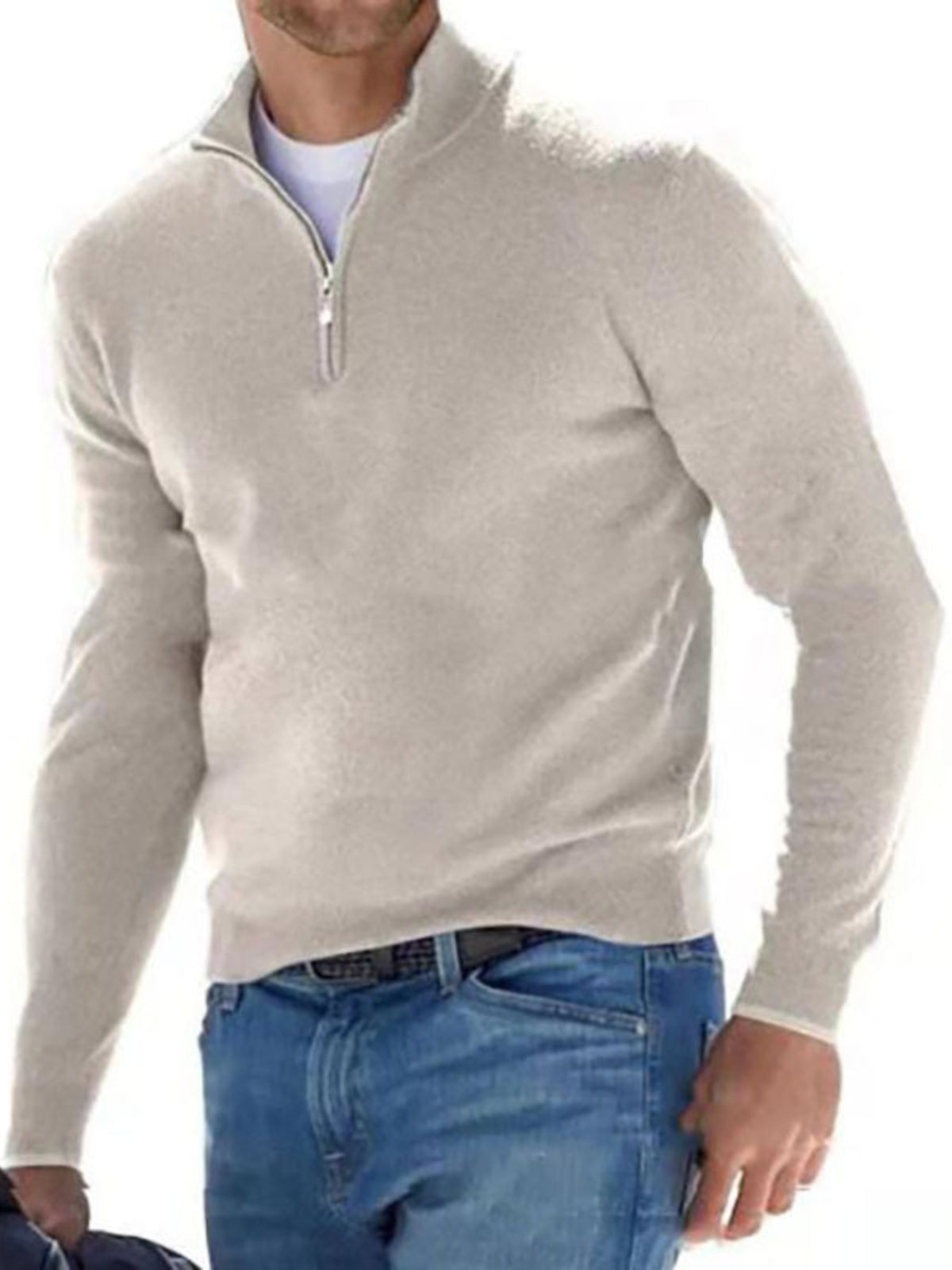 Men's Beige quarter-zip long-sleeve sweater, front view; sweater only.