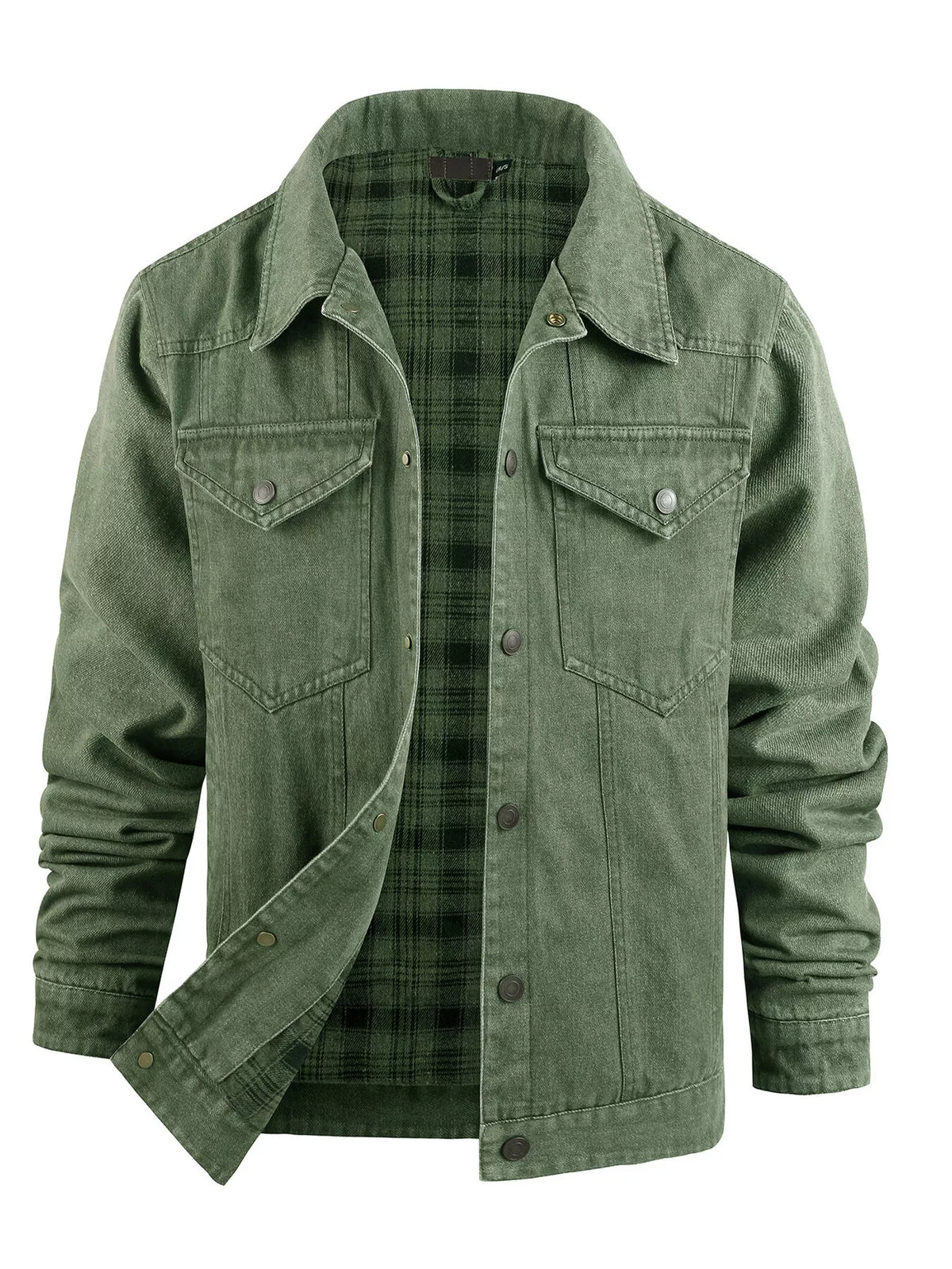 Green snap-front jacket, open front showing green plaid interior