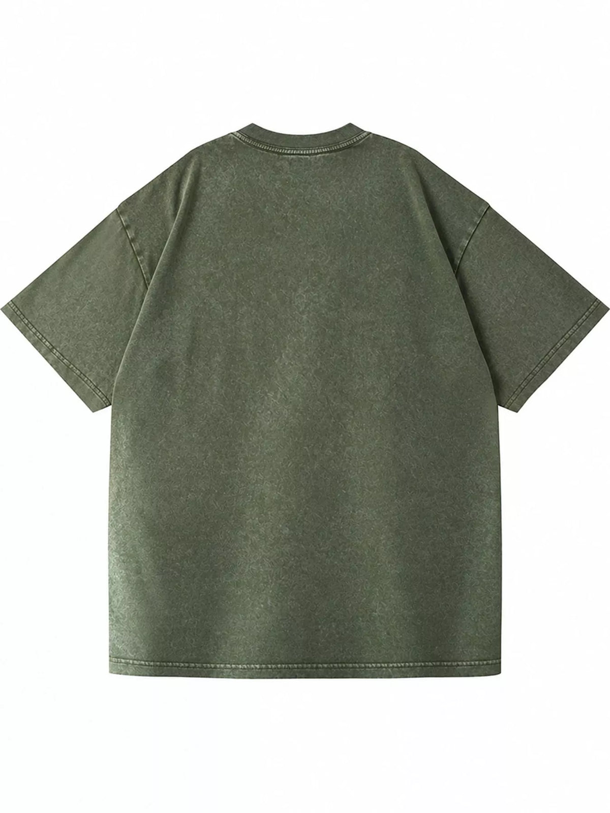 Army Green-Washed acid-wash oversized crewneck T-shirt, rear view. One shirt only.