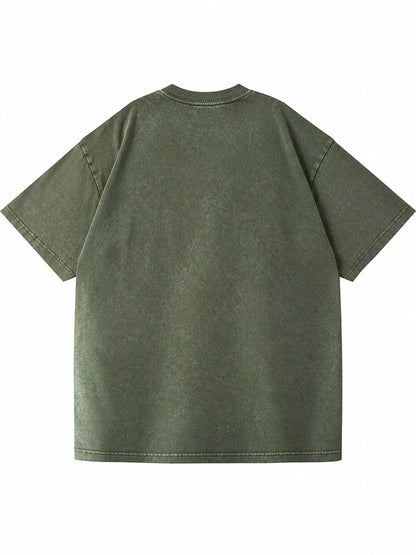 Army Green-Washed acid-wash oversized crewneck T-shirt, rear view. One shirt only.