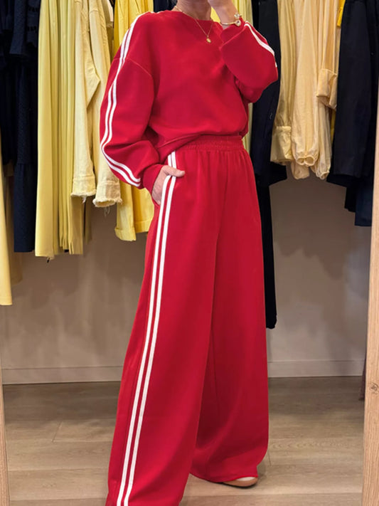 Striped crewneck top and elastic sweatpants two-piece set, front view
