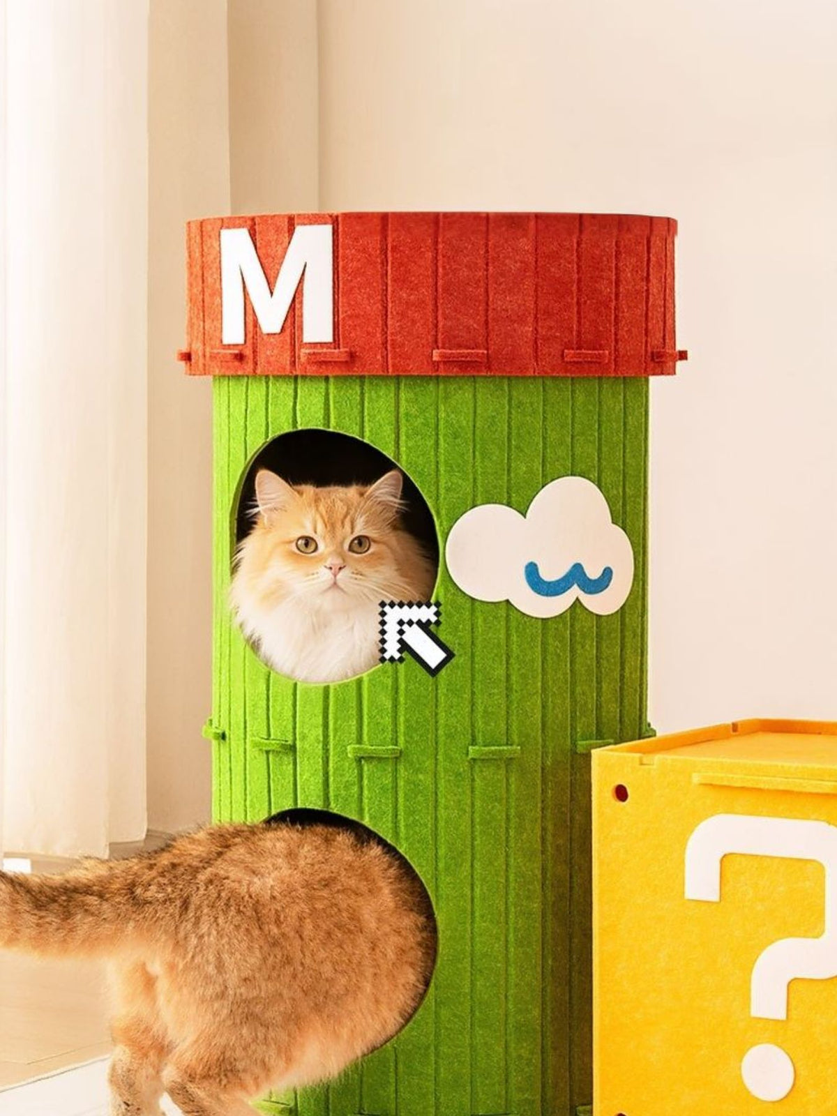 Barrel-shaped cat house with circular openings