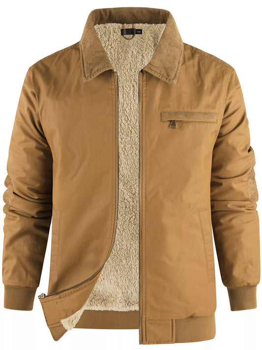 Ochre sherpa-lined zip-up jacket, garment-only front view