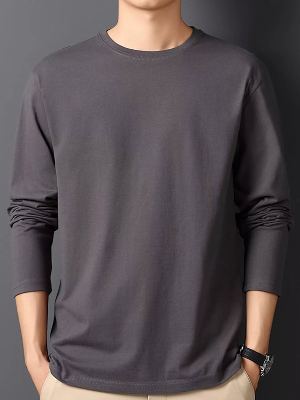 Dark Gray men's cotton long-sleeve crewneck tee, front view.